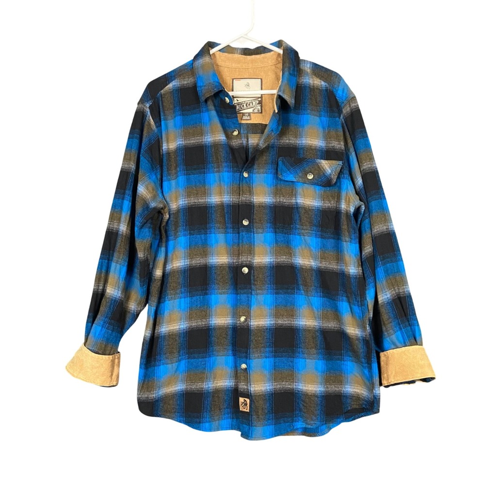 Legendary Whitetails Buck‎ Camp Plaid Flannel Shirt Mens L Blue Corduroy Trim